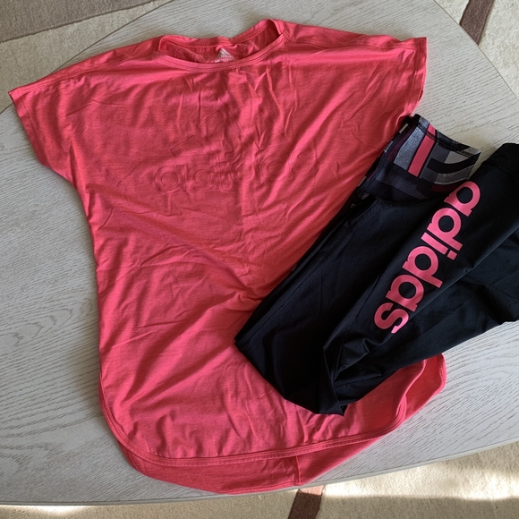 Adidas t-shirt and leggings pink and black with some minor grey details in pants - Picture 1 of 2